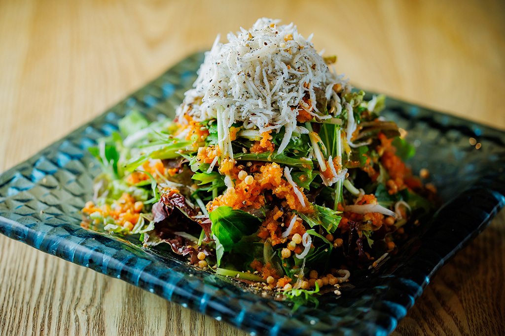 葉野菜のグリーンサラダ ジャコとしば漬け入り和だしドレッシング